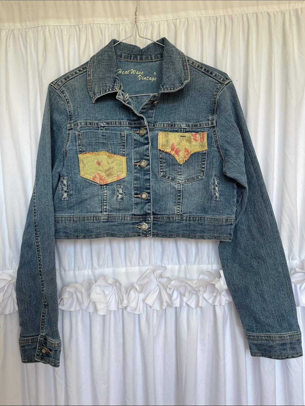 Heat Wave Vintage Cropped Denim Jacket with Yellow Floral Patches